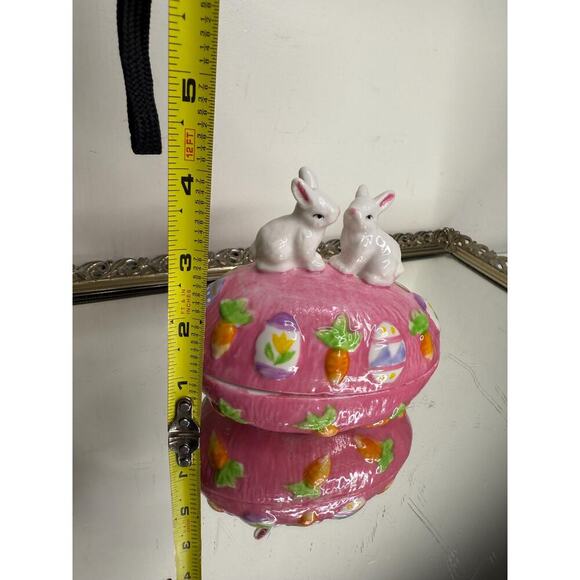 Vintage Trinket Box Pink Easter Egg Shaped Bunny Rabbits Top 4" Tall Ceramic - Picture 7 of 10